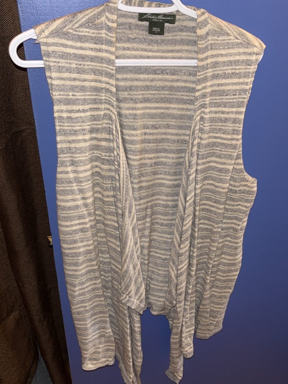 Eddie Bauer Cream and Gray Striped Sleeveless Drape Cardigan
